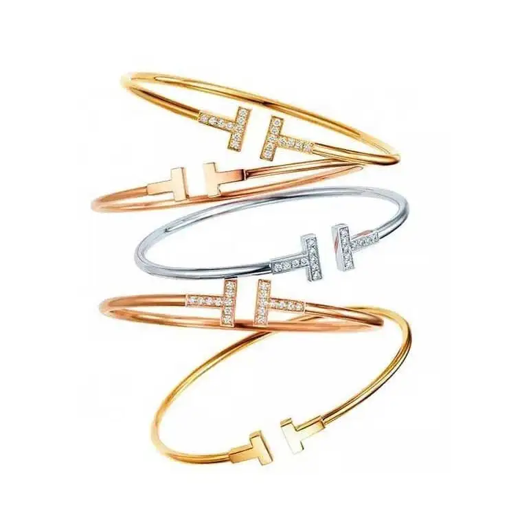 

wholesale custom stainless steel jewelry double T brand letter rose gold plated opened cuff bracelet bangle for women, All common color are available