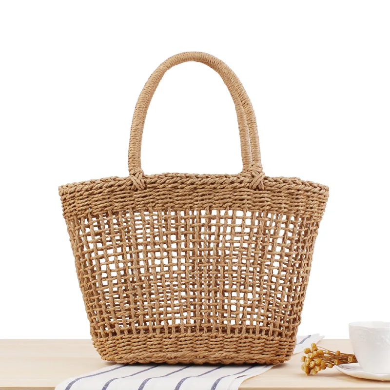 

New arrival 2022 summer beach bag crochet wicker woven knitted mesh hollow straw basket bags, Beige