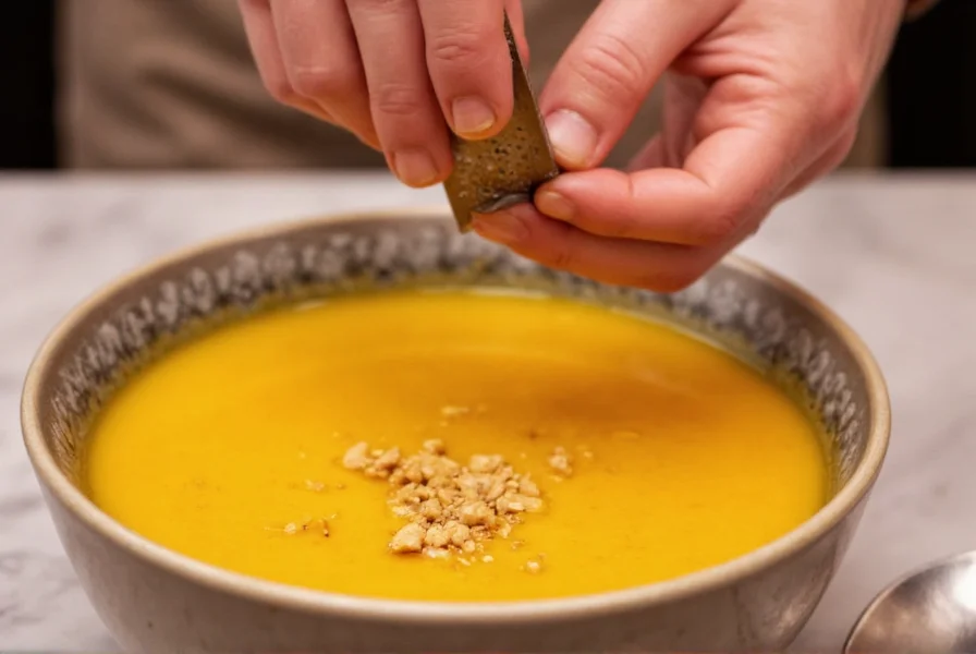 Nutmeg being freshly grated over a bowl of pumpkin soup demonstrating proper culinary use