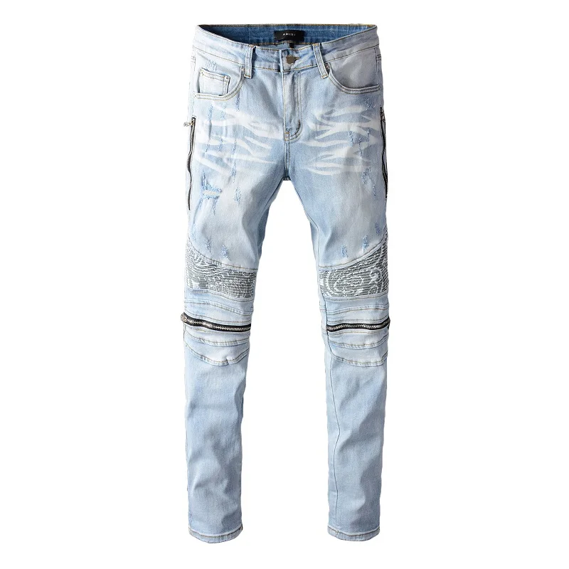 

New design men's ripped denim jeans high quality patch biker jeans pants for men, Picture