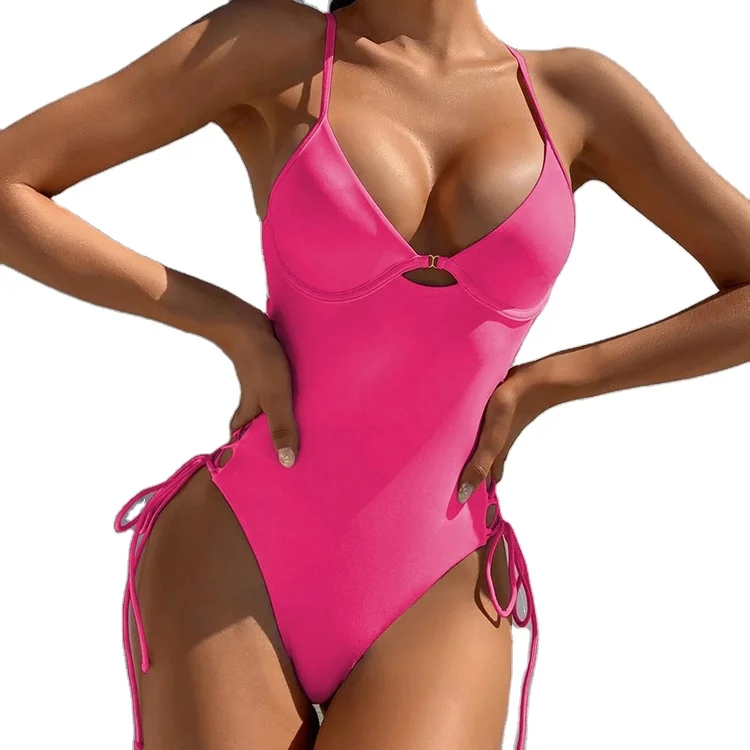 

2021 The Latest Version Fashion Summer Solid Color Sexy Lace-up Side Underwire Trim One Piece Swimsuit, Picture color,customize