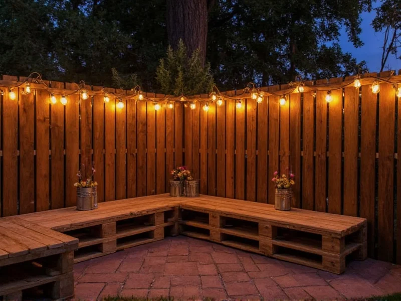 DIY patio with bottle lighting and pallet wood bench