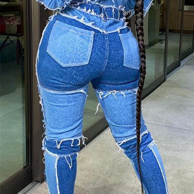 

Women Plus Size Jeans Denim Ripped Patchwork Pants Trousers Ladies Skinny High Waist Trousers Jeans Denim
