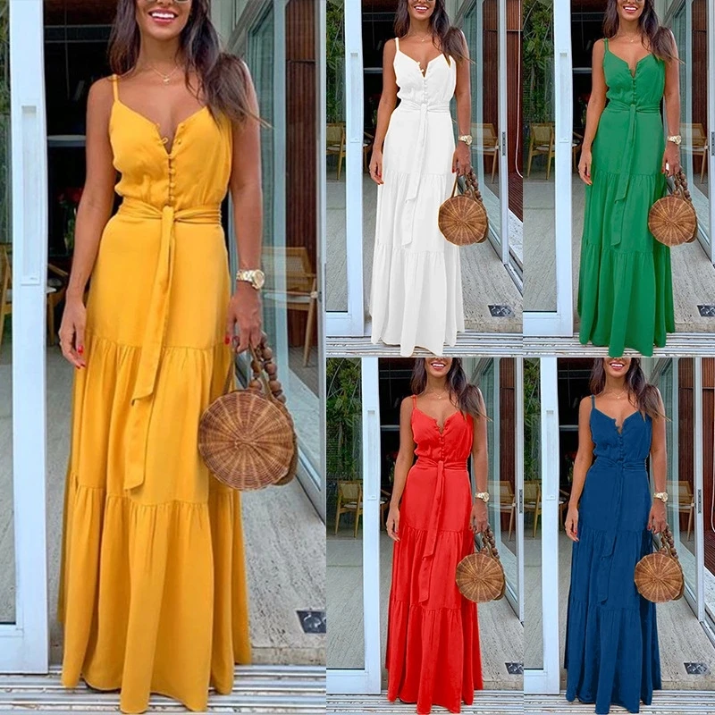 

Fashion Women Summer Dress Boho Style Sleeveless Strappy Female Girls Dresses V-neck Bandage Party Beach Dress Feminine les robe