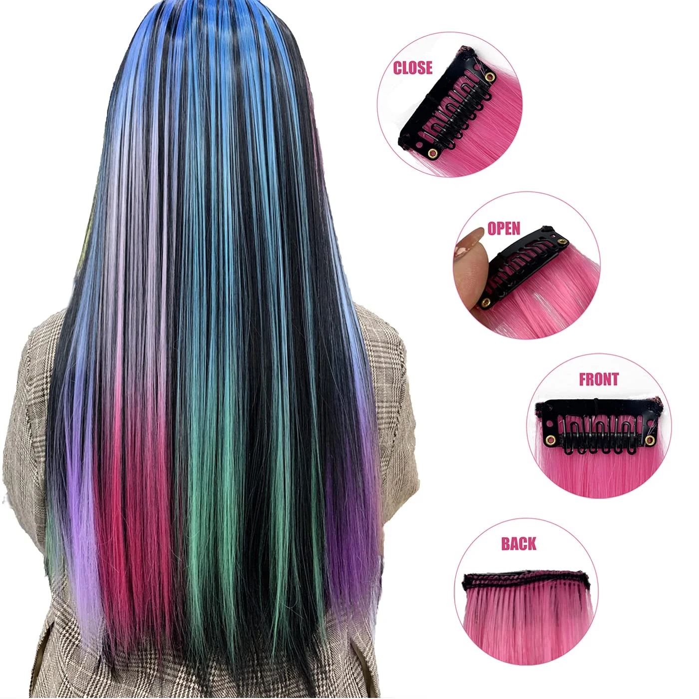 

Promotion 3 color Rainbow 19.5 Inch Colored Hair Extensions Clip Synthetic Hair Accessory