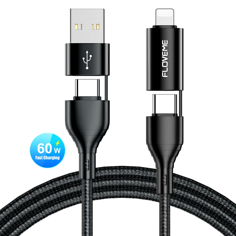 

Free Shipping 1 Sample OK FLOVEME 4 in 1 60W Fast Charging Usb C Charger Cable With PD Kabel Data Transmission For iPhone