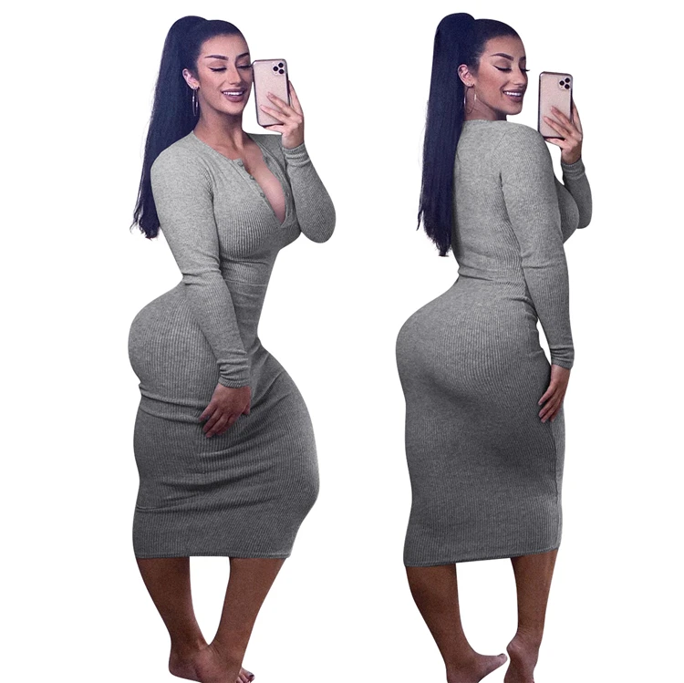 Lowest Price 2021 New Arrivals Sexy Women Fashion Clothing V Neck Long Sleeve Solid Color Long Dress Maxi Dresses