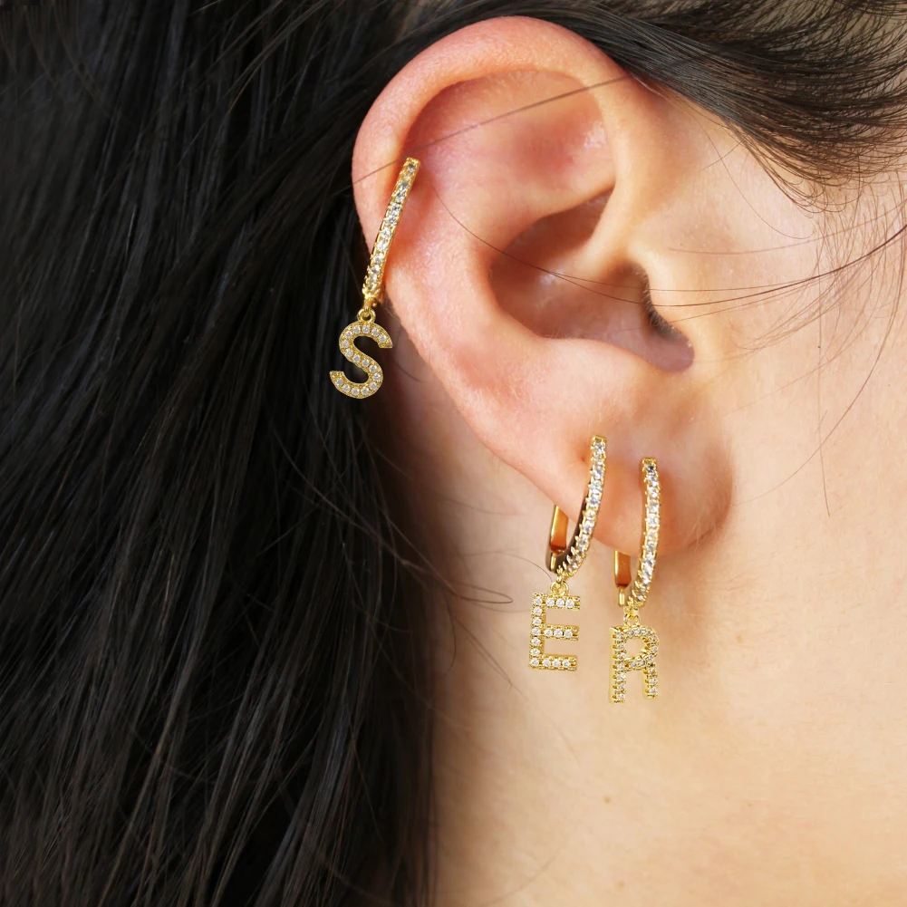 

Gold Plated CZ Letter Drop Hoop Earrings Copper Fashion Inlaid Zircon Jewelry Initial Letter Diamond Earrings For Women, Shiny gold or customized