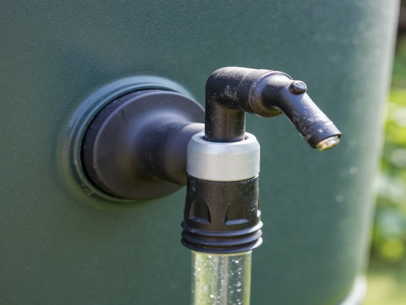 Close-up of rain barrel spigot installation showing proper sealing technique