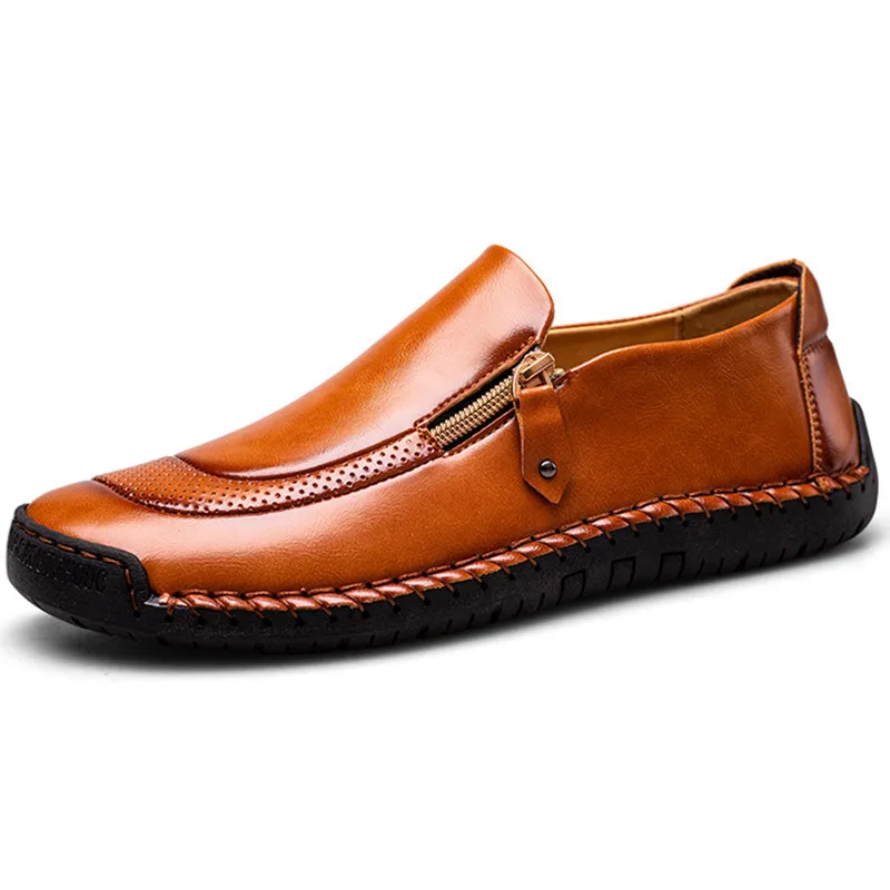 

Dropshipping Street Casual Men's Flat Shoes Plus Solid Color Leather Side Zipper Slide-In Men's Loafers