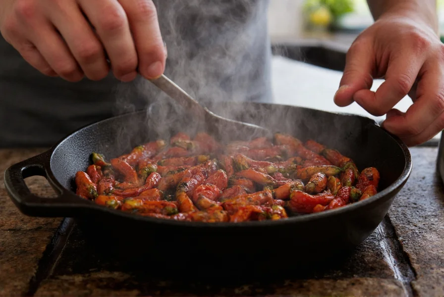 Chef's hands toasting dried ancho peppers in cast iron skillet with steam rising