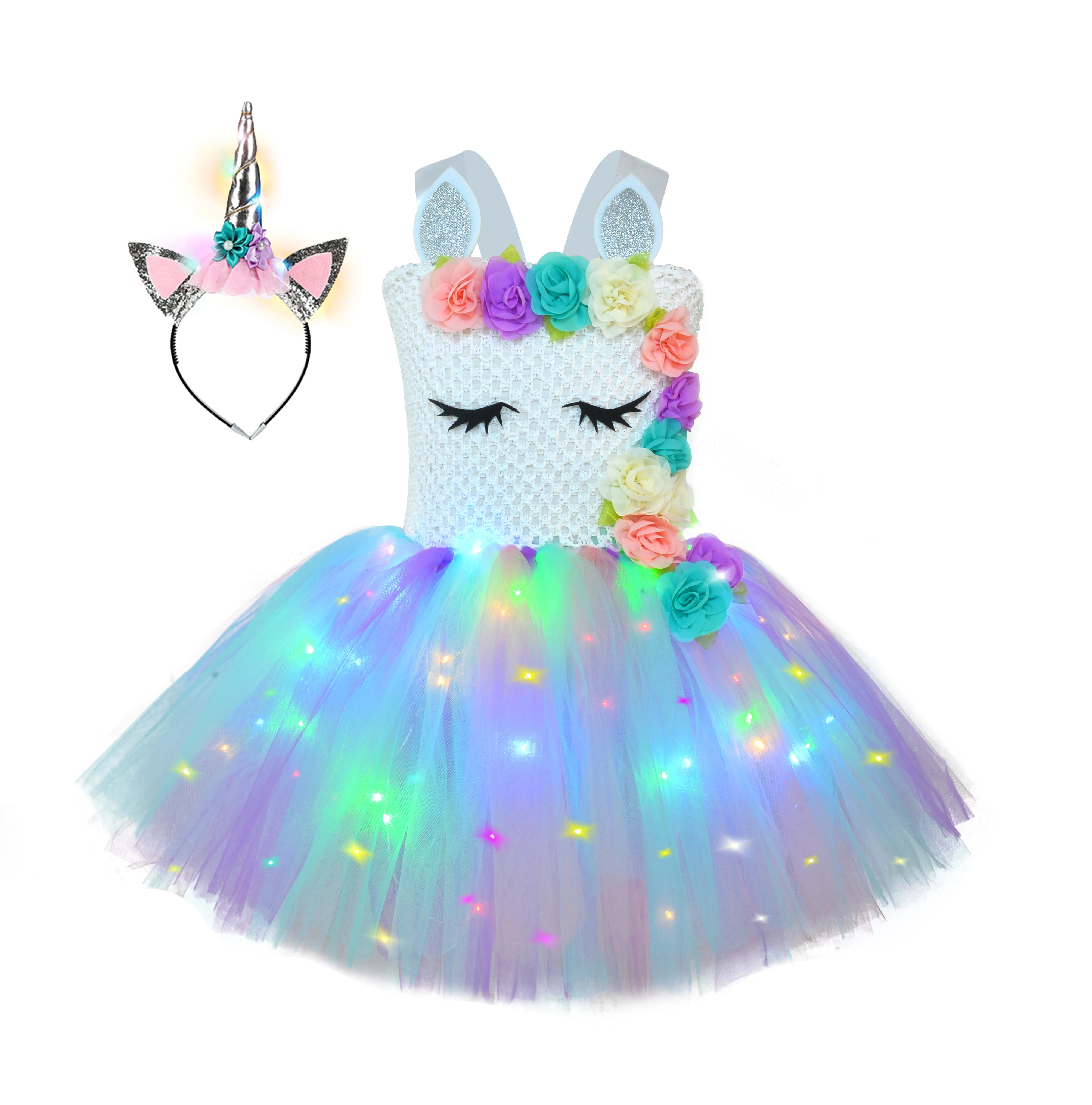 

New Design Children Party Gown Ball Rainbow Led Light 12 Flowers Girl Tulle Unicorn Tutu Dress With Headband, As picture shows