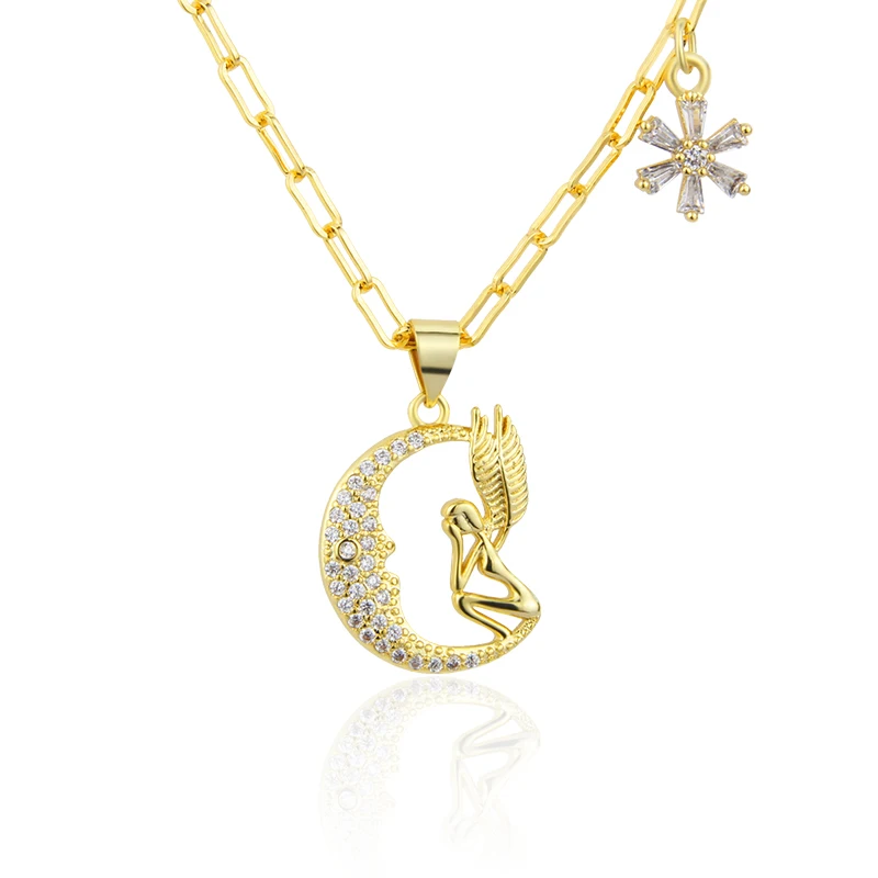 

New Design 18K Sweet Romantic Moon Fairy Pendant Necklace Brass Inlaid Zircon Jewelry Gift For Women, Gold color
