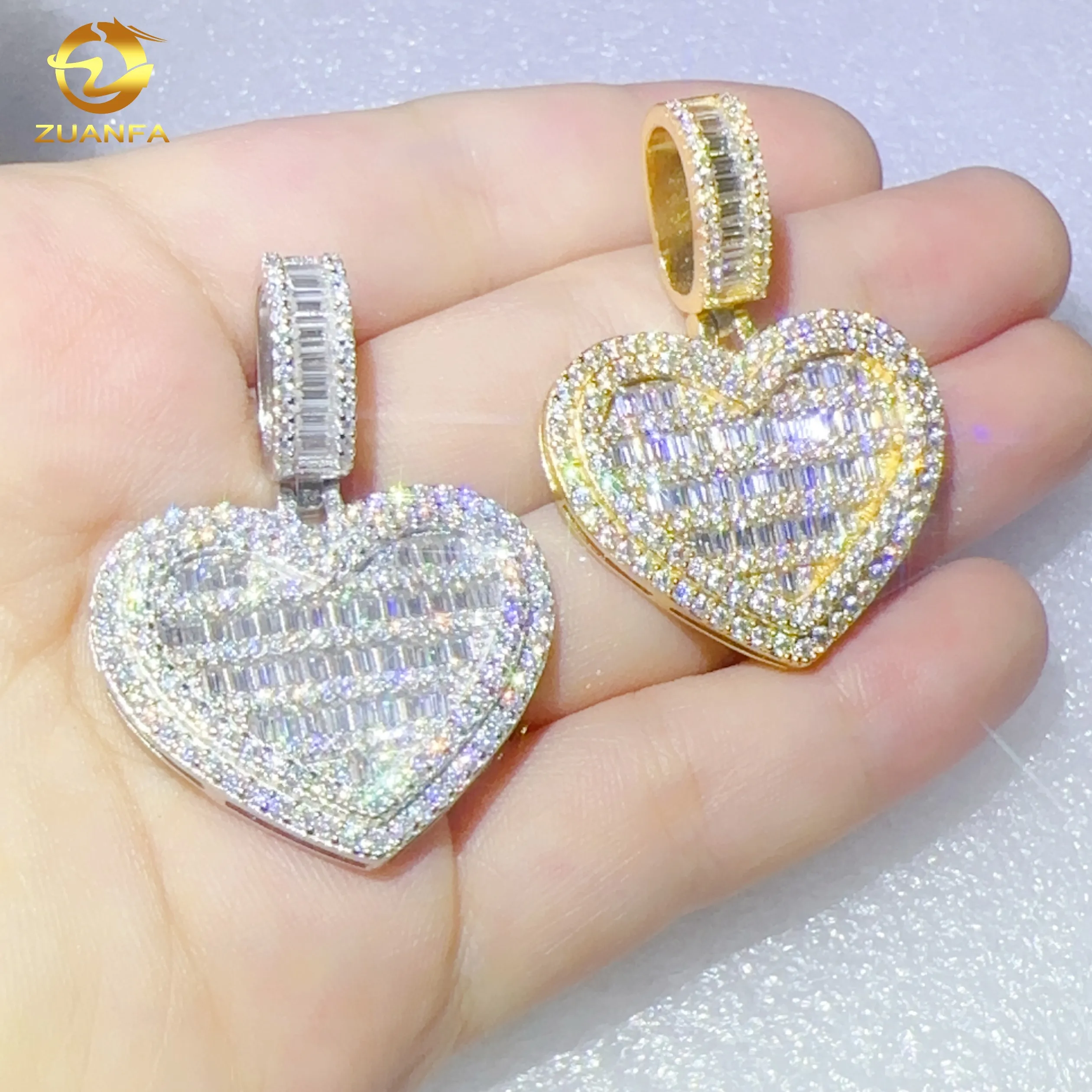 

Zuanfa emerald diamond pendant 925 silver iced out moissanite pendant custom jewelry heart shape pendant