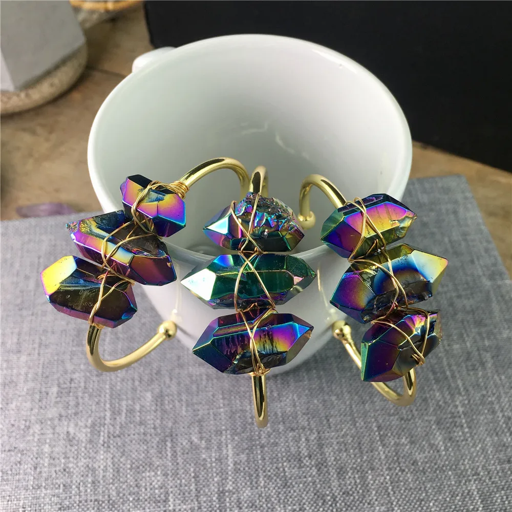 

BD-E1815 Sparkly amazing rainbow stone bangle, multi color plated gemstone, wire wrapped gold bangle