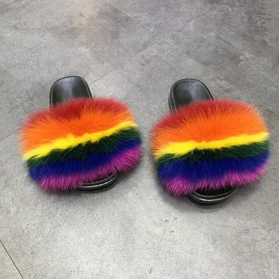 

luxury slippers women with fur fox fur slides slippers fur slides, Customized color