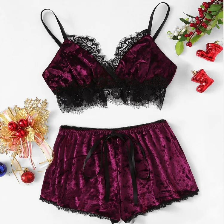 

Factory wholesale lace bra and noble gold diamond velvet ladies two piece pajamas lingerie set, Wine red