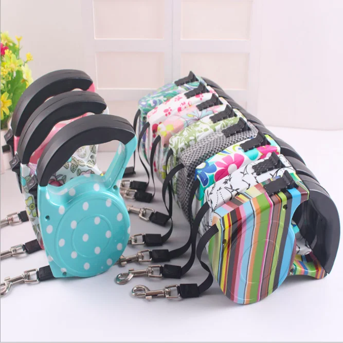 

5m Retractable Dog Leash 11 Colors Fashion Printed Puppy Auto Traction Rope Nylon Walking Leash For Small Dogs Cats Pet Leads, Customized color