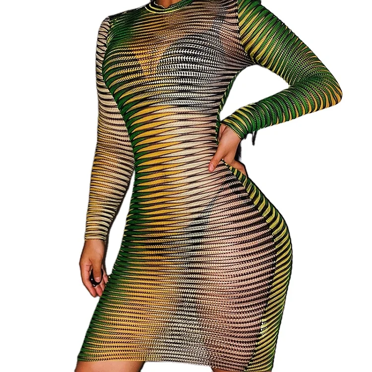 

Designer Sexy Night Club See Through Dress Perspective Long Sleeve Short Dress