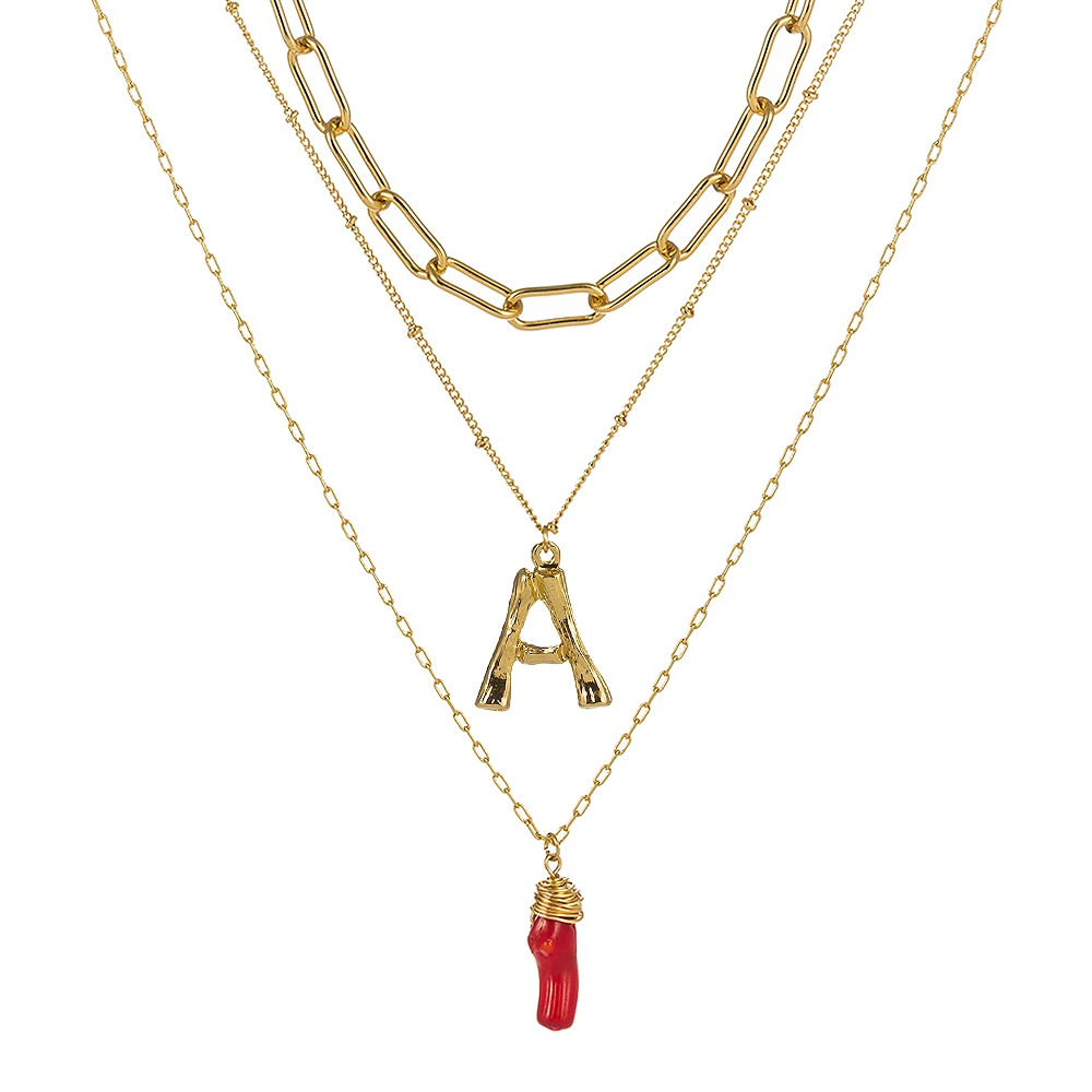 

Natural Red Coral Lattice Chain Gold Filled Alphabet Letter Layered Necklace Jewelry