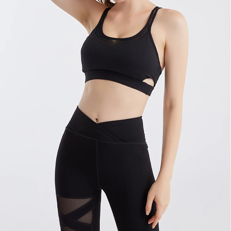 

High Quality hollow Out Bandeau mesh Padded Workout backless quick dry Solid Gym Wear women sexy workout sets