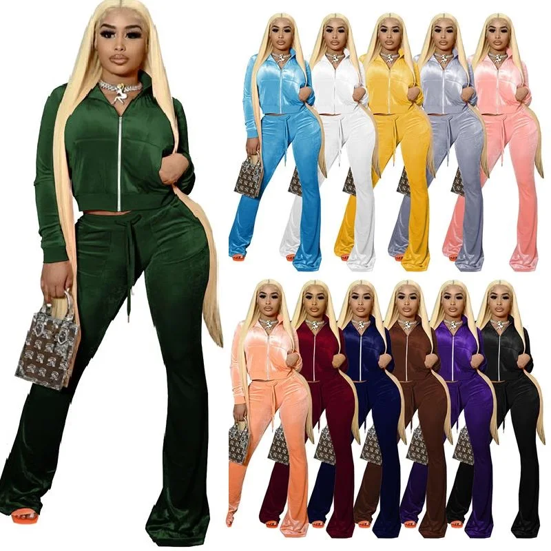

XS women autumn winter velvet 2 piece tracksuits crop top and long pants solid casual two piece pants set for women