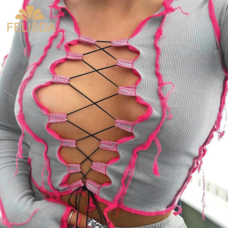 

Fashion 2020 Ladies Patchwork Top Long Sleeve V Neck Party Club Bodycon Sexy Hollow Out Tie Front Crop Top Women