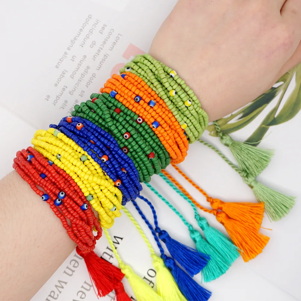 

BC1096 Boho style round evil eyes charm bracelets, Multi layered Tiny seed beaded evil eyes tassel bracelet jewelry, Blue,yellow,red,orange,green