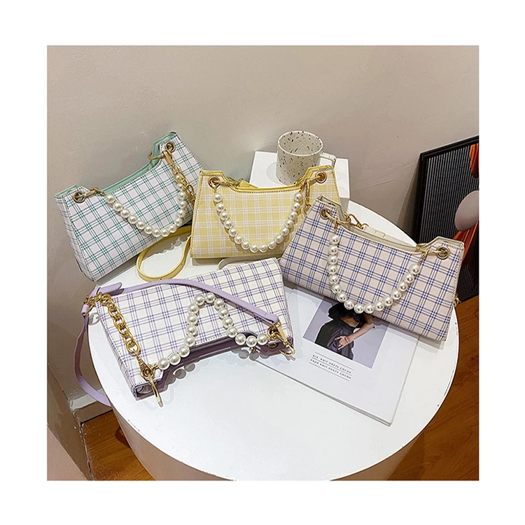 

Plaid Armpit Shoulder Bags Pearl Handle Design Women Handbags and Purses Fashion Retro Grids Underarm Bags Crossbody Bolsa