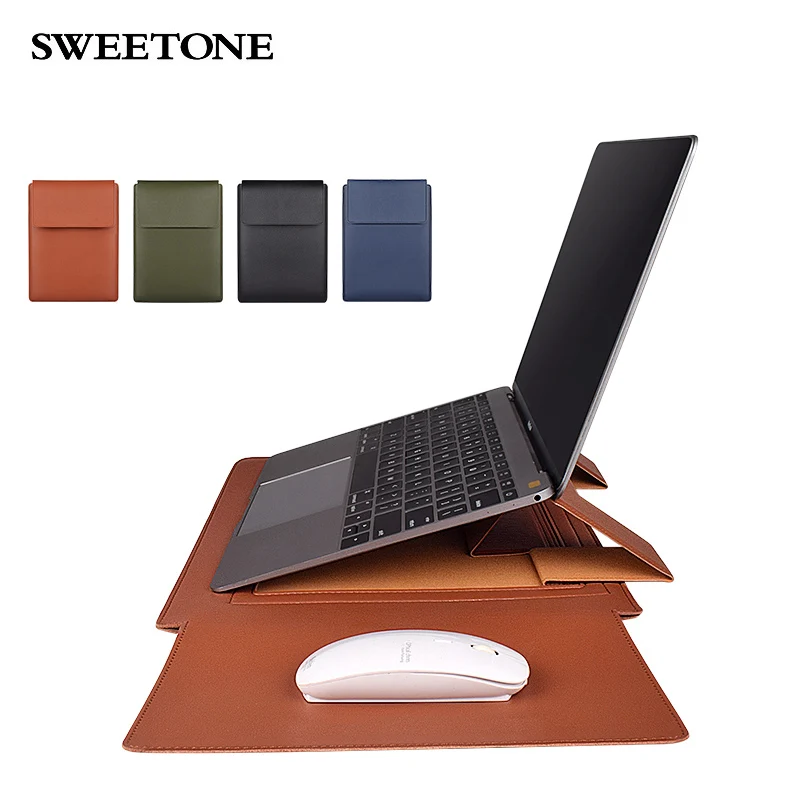 

PU Leather Sleeve Case For Laptop Leather Stand Cover Portable Notebook Protector Bag, Brown, green, blue, black