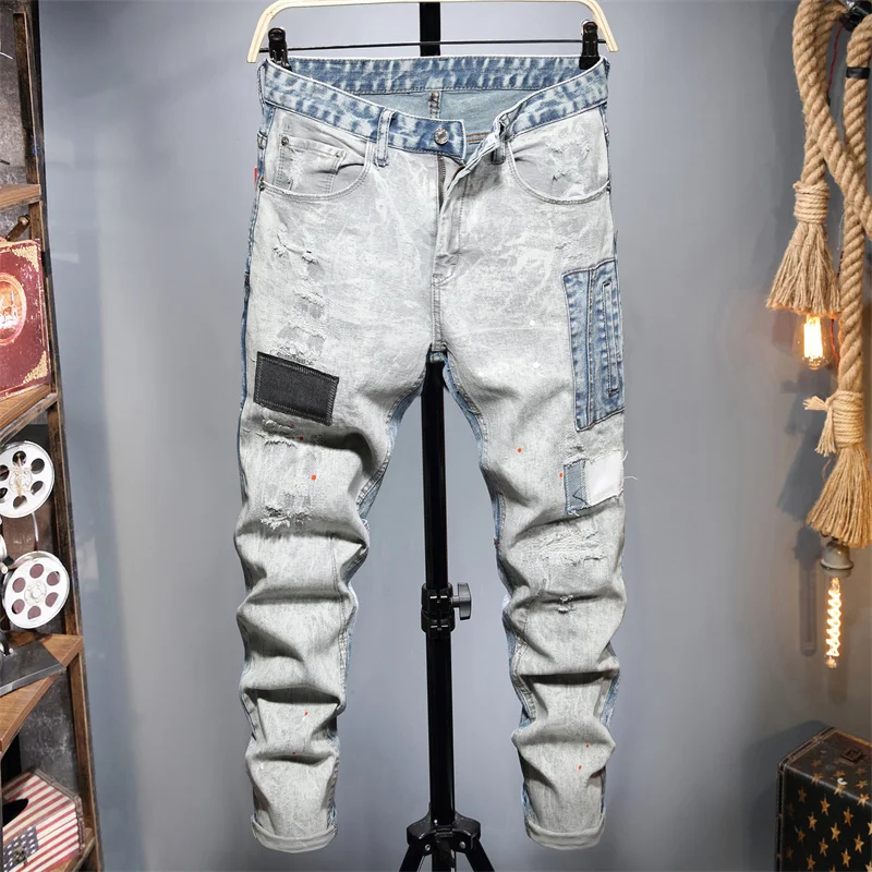 

Fashion Style Men Jeans Cotton Stretch Trousers Pantalones Jeans Light Blue And Gray Cotton Slim Straight Casual Jean For Men, Customized color