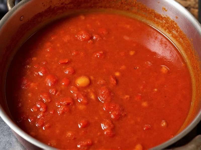 Vibrant red tomato sauce simmering in copper pot