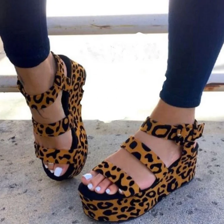 

Open Toe High Platform Women Leopard Sandals Flat Summer Cheetah Print Shoes