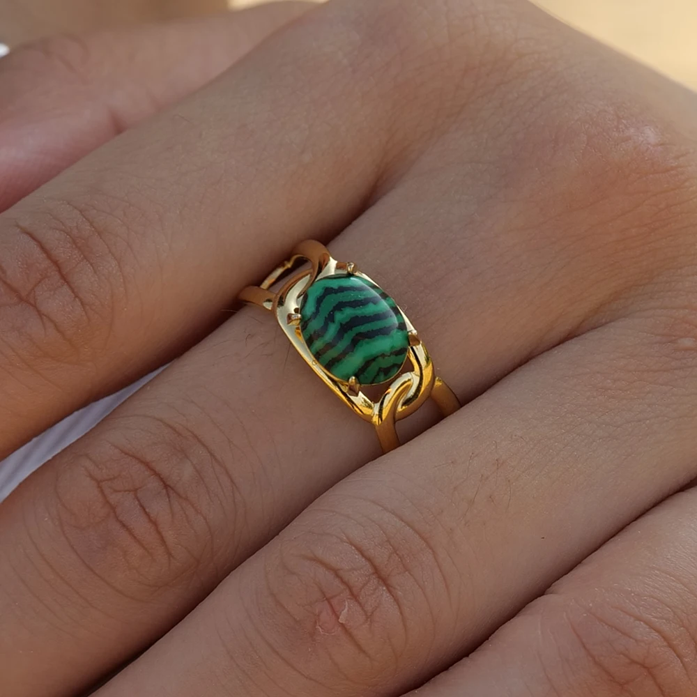 

Waterproof 18K Gold-plated Stainless Steel Fashion Jewelry Wide Oval Malachite Open Ring For Women