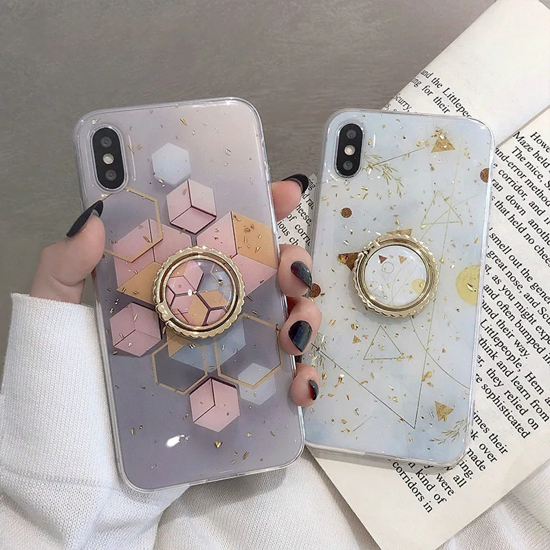 

Gold Powder Geometric Marble Ring Holder Phone Case For iPhone 12 Mini 11 Pro Max XR X XS Max 7 8 6 Plus Case Soft Phone Cover