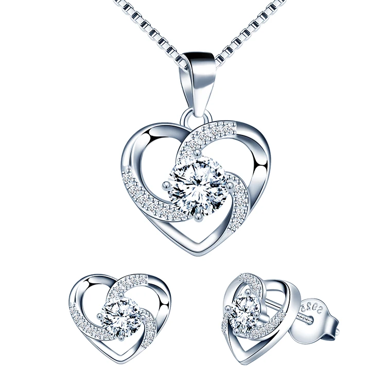 

925 Silver Necklace Stud Earrings Fine Heart Jewellery Set