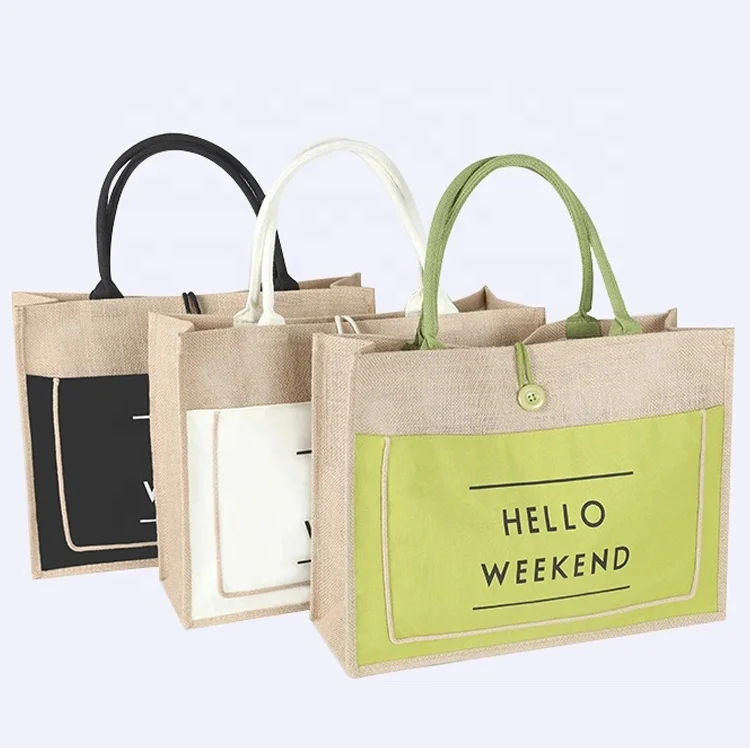 

Natural burlap eco friendly shopping bags printed button jute reusable tote bag with cotton webbing handle grocery tote bags