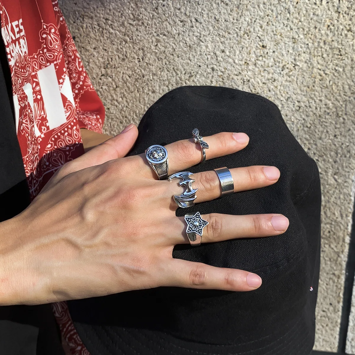 

New Punk Style Metal Texture Men's Ring Fashion and Popular Chinese Style Sets of Rings