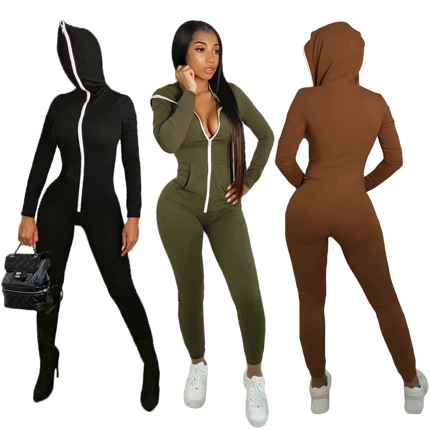 

Trendy one piece body suit full face zip ups blank custom hoodie black lone sleeve zipper hooded womens jumpsuit romper, Customized color