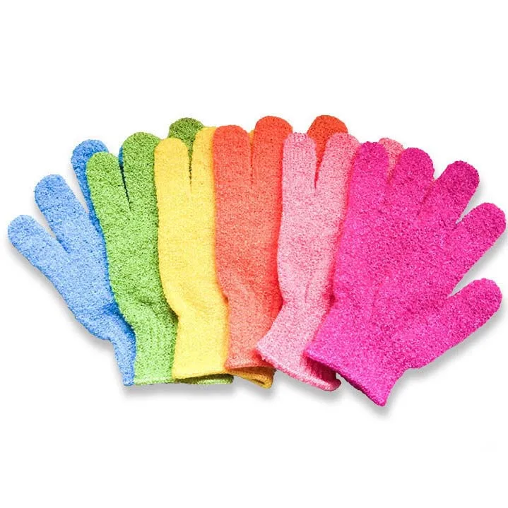 

Many Years Factory Solid Color Five Fingers Natural Vegetable Fiber Nylon Double Sided Deep Shower Exfoliating Bath Gloves, Customized color