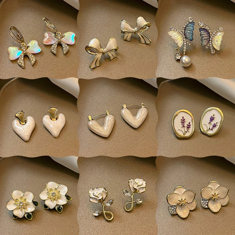 

Fashion Vintage Oil Dropping Heart Flower Geometry s925 Silver Earrings Asymmetric Butterfly Diamonds Pearl For Women Earring