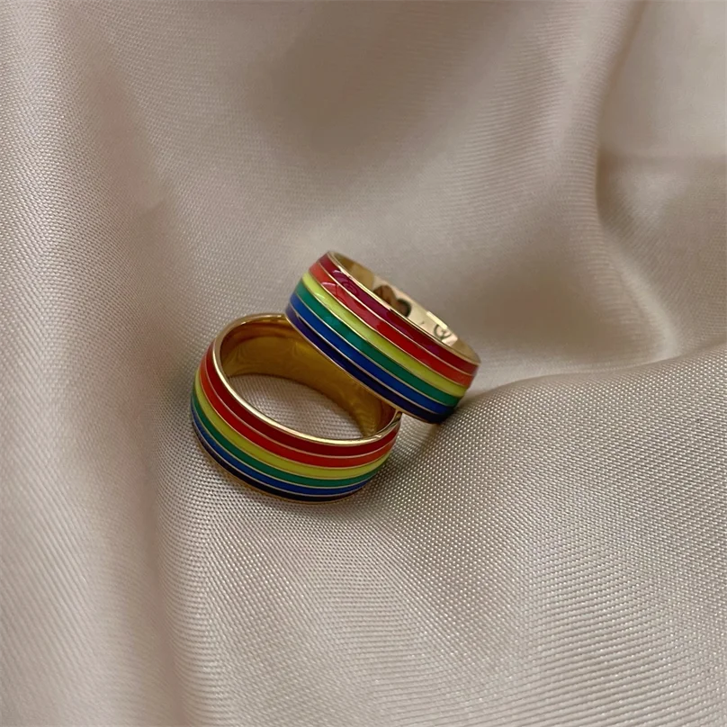 

New Fashion Trends Unisex rainbow flag Exquisite polishing 316L stainless steel Epoxy gift Titanium steel rainbow gay men ring, Gold, silver