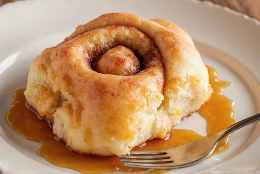 Side-by-side comparison of properly gooey cinnamon roll versus overbaked cinnamon roll showing texture differences