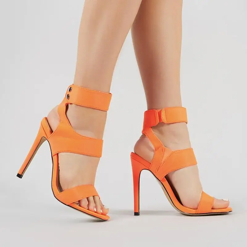 

DEleventh Shoes Woman Wedding Shoes Summer Fluorescent Colour PU Leather Plaid Peep-Toe Stiletto High Heels Sandal Orange Yellow