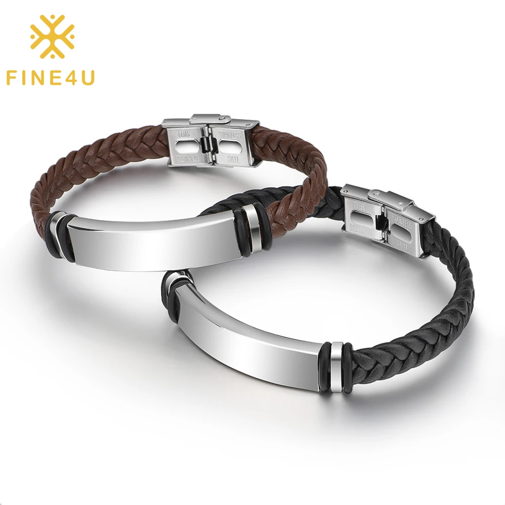 

Personalized Name Diy Jewelry Blank Engravable Stainless Steel Custom Logo Leather Bracelet For Men