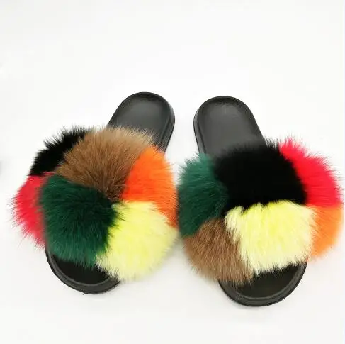 

2020 ELVA FUR Hot Selling New Design Sweetheart women fox fur slides slippers fur slides, Colours