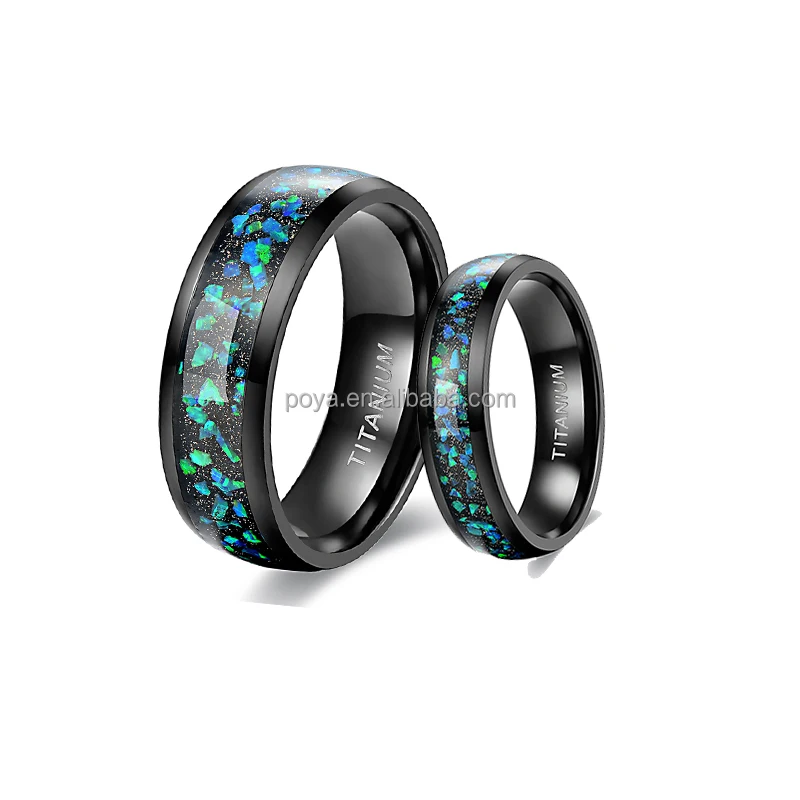 POYA Wholesale Black Domed Titanium Opal Inlay Galaxy Rings 6mm 8mm Matching Women Men Wedding Band