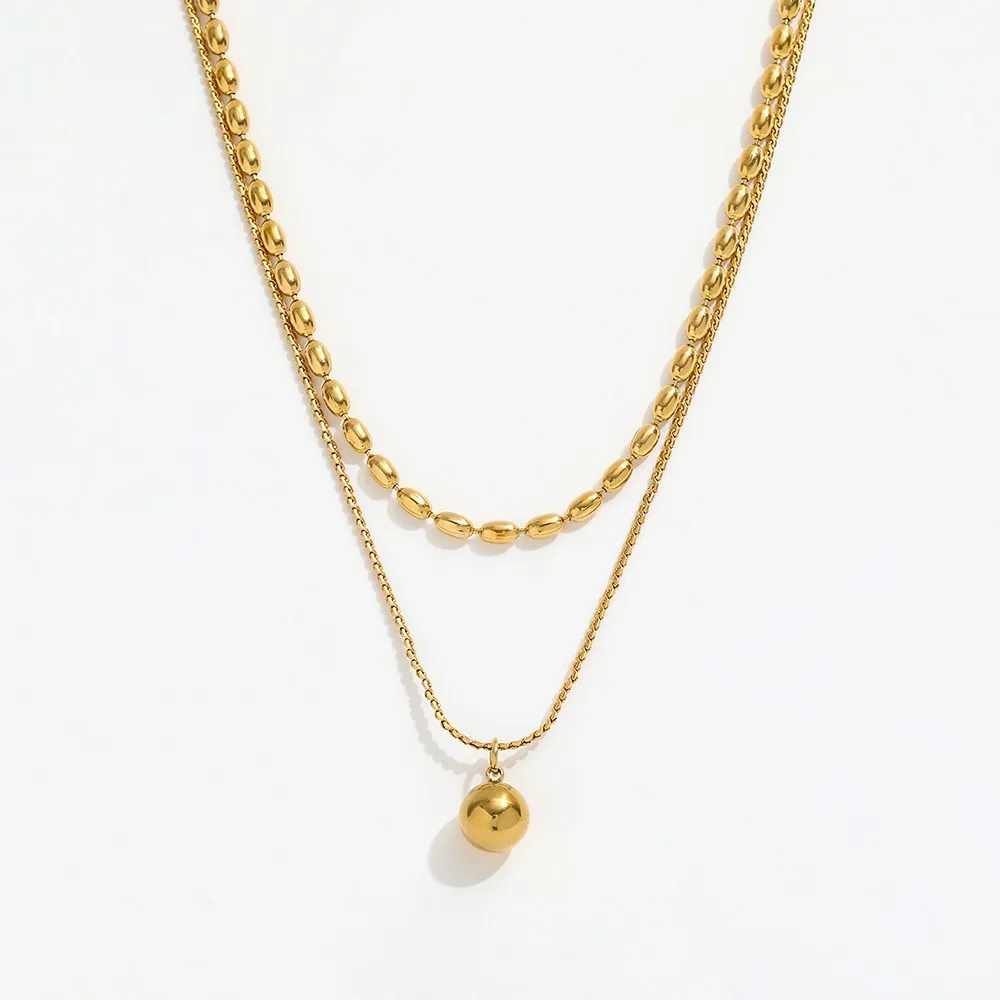 18K Gold Plated Double-layer Dainty Beads String Stackable Stainless Steel Pendant Necklace Tarnish Free & Waterproof