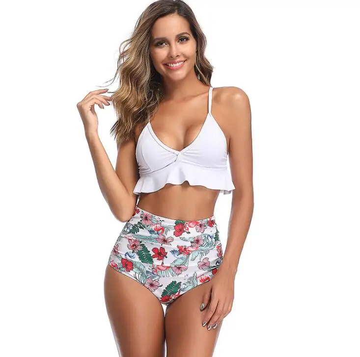 

Wholesale Women High Waist Swimwear Two Pieces Bikini Set Plus Size Ruffle Swimsuit, As pictures or customized colors
