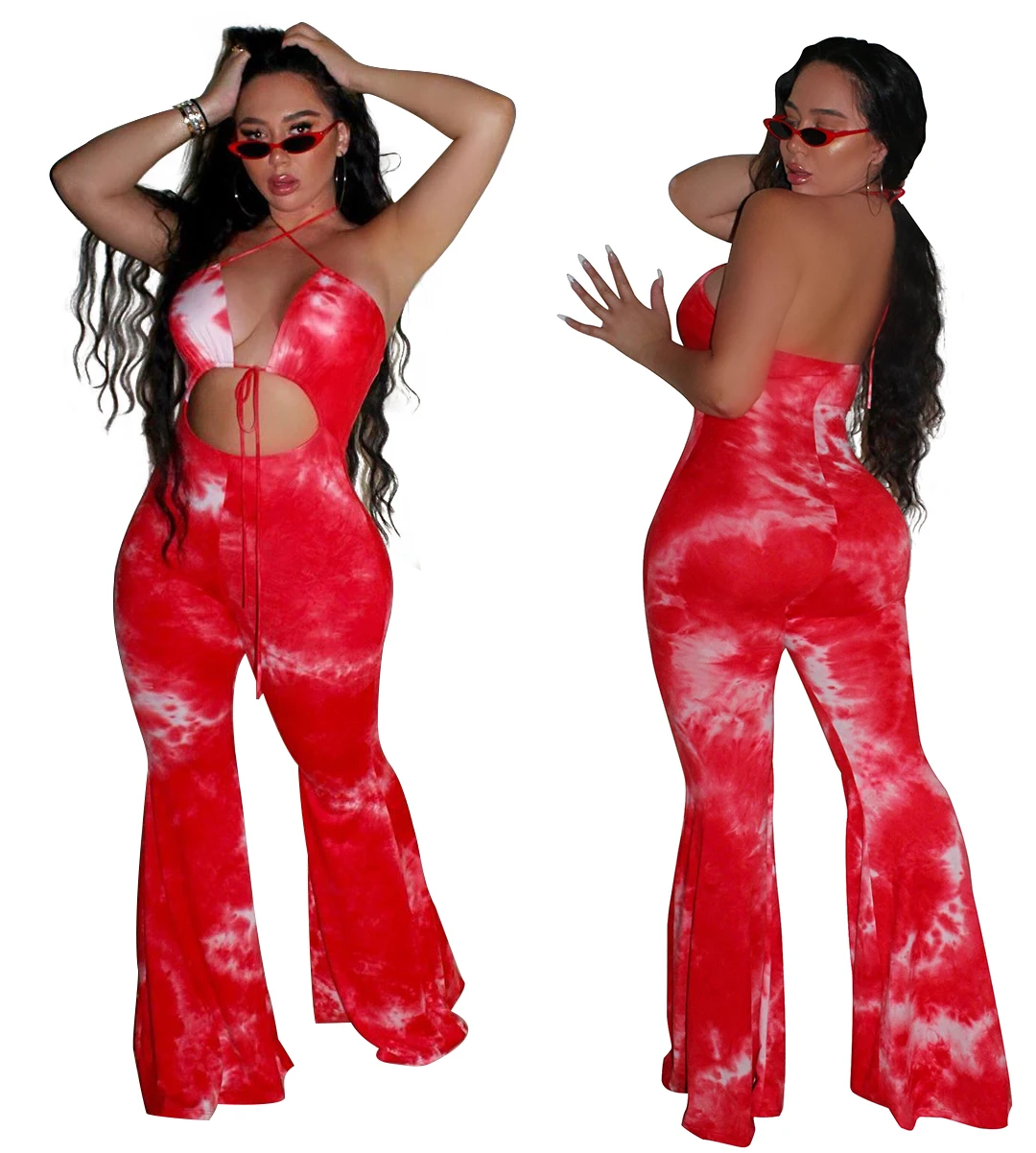 

L56249 Latest Design Fashionable Sexy Hollow Halter Printed Jumpsuit